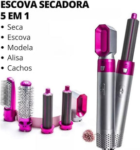 Escova Secadora Modeladora 5 em 1 Elétrica Profissional Ar Quente 1000W com Acessórios – Alisa, Seca, Modela e Faz Cachos Rápido