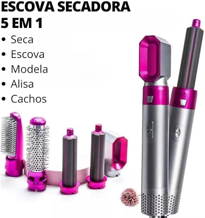 Escova Secadora Modeladora 5 em 1 Elétrica Profissional Ar Quente 1000W com Acessórios – Alisa, Seca, Modela e Faz Cachos Rápido