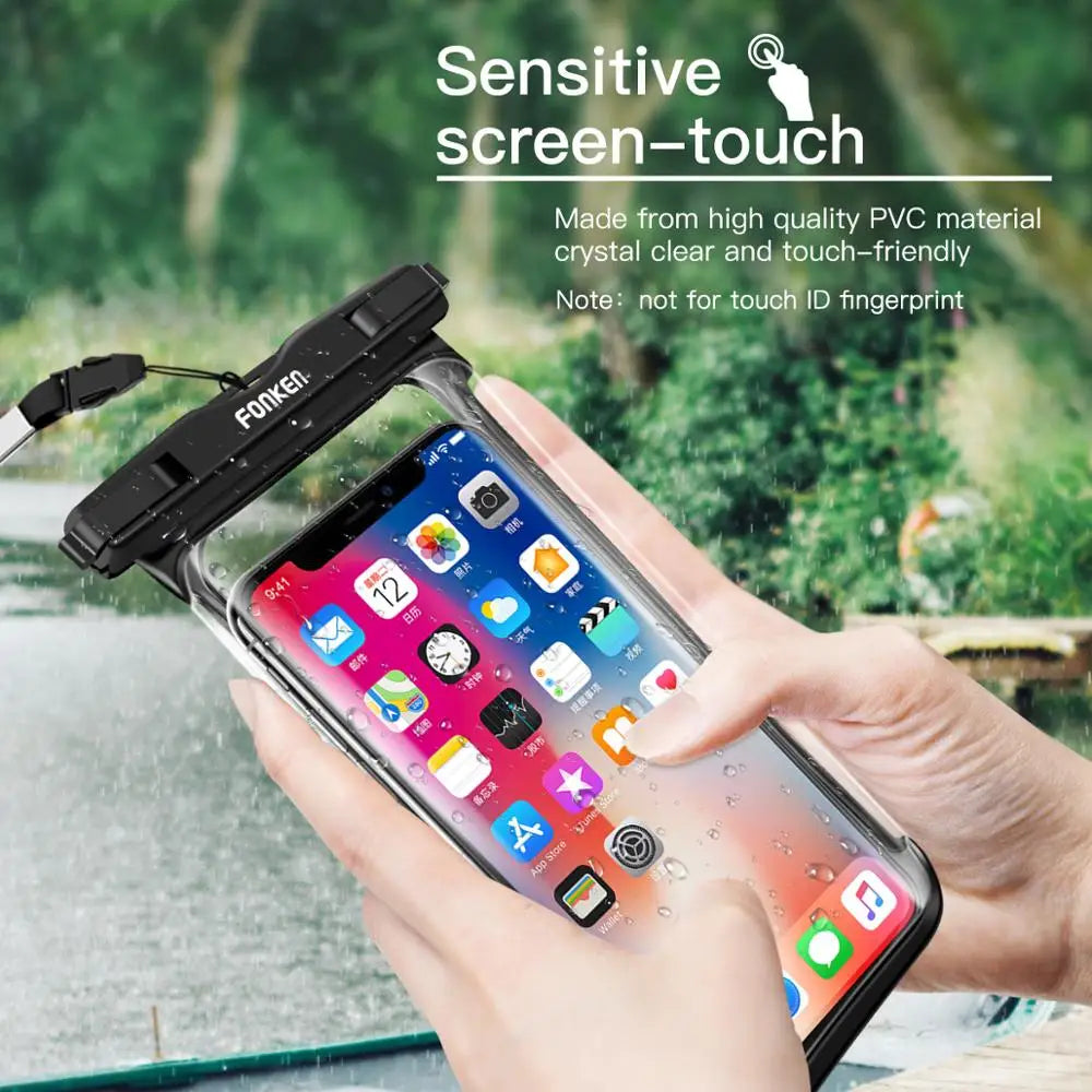 FONKEN Capa à Prova D'Água com Visão Completa para Celular – Bolsa Transparente e Selada para Uso Subaquático, Neve e Chuva, Ideal para Natação e Proteção de Celulares Grandes
