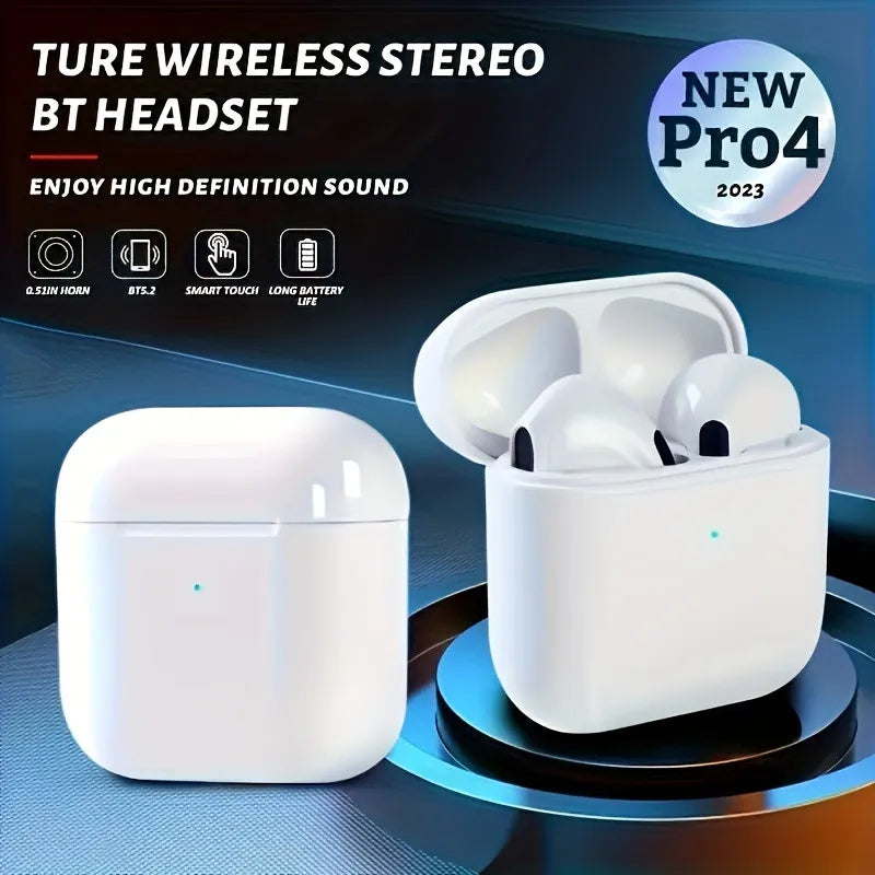 Fones de Ouvido Sem Fio Pro 4 TWS Bluetooth 5.3 Compatível, Headset à Prova d'Água com Microfone Earbuds