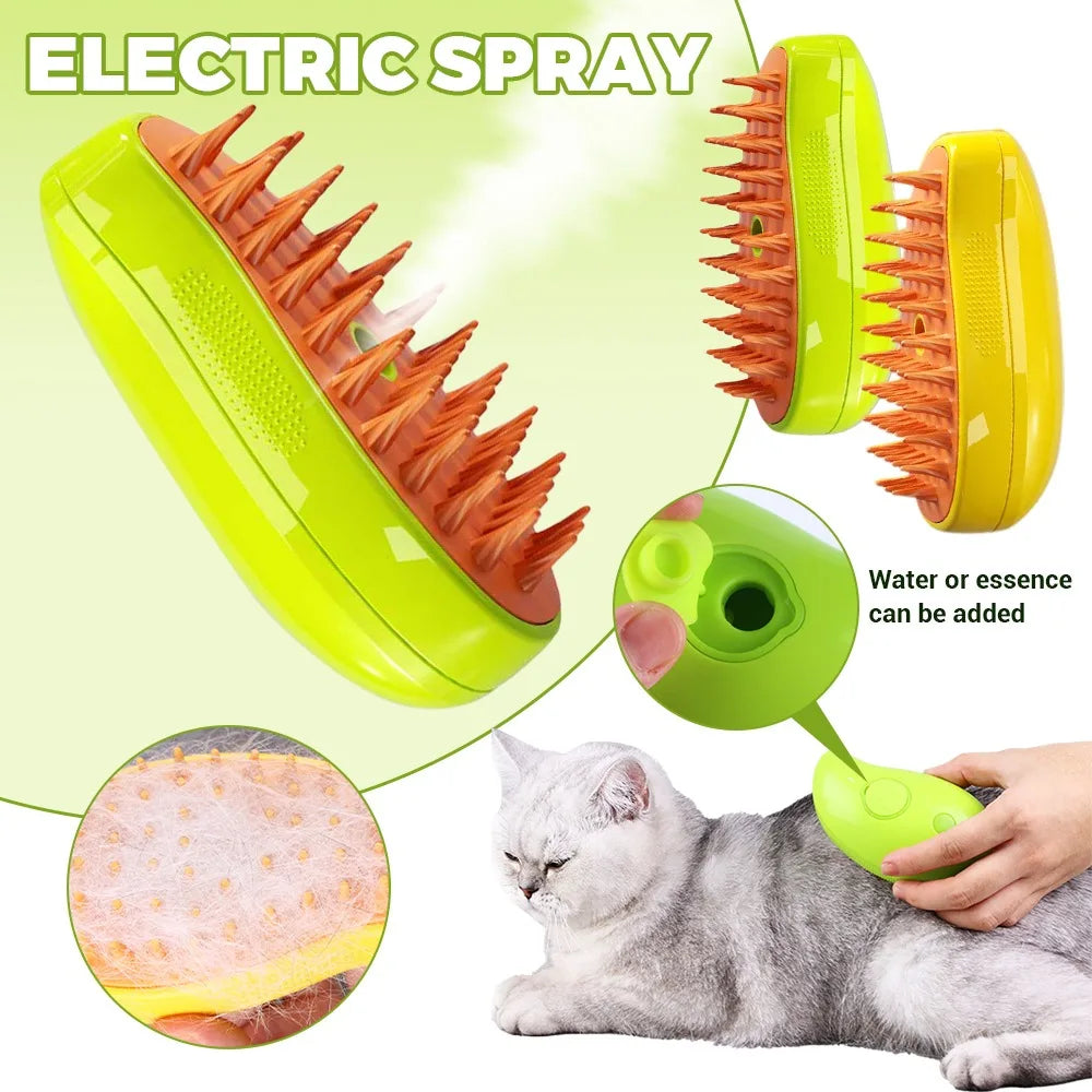 Escova a Vapor para Gatos e Cães | Escova a Vapor Elétrica com Pulverizador para Massagem | Ferramenta de Higiene para Animais de Estimação | Removedor de Pelos 3 em 1 com Pulverização Elétrica e Pente Massageador
